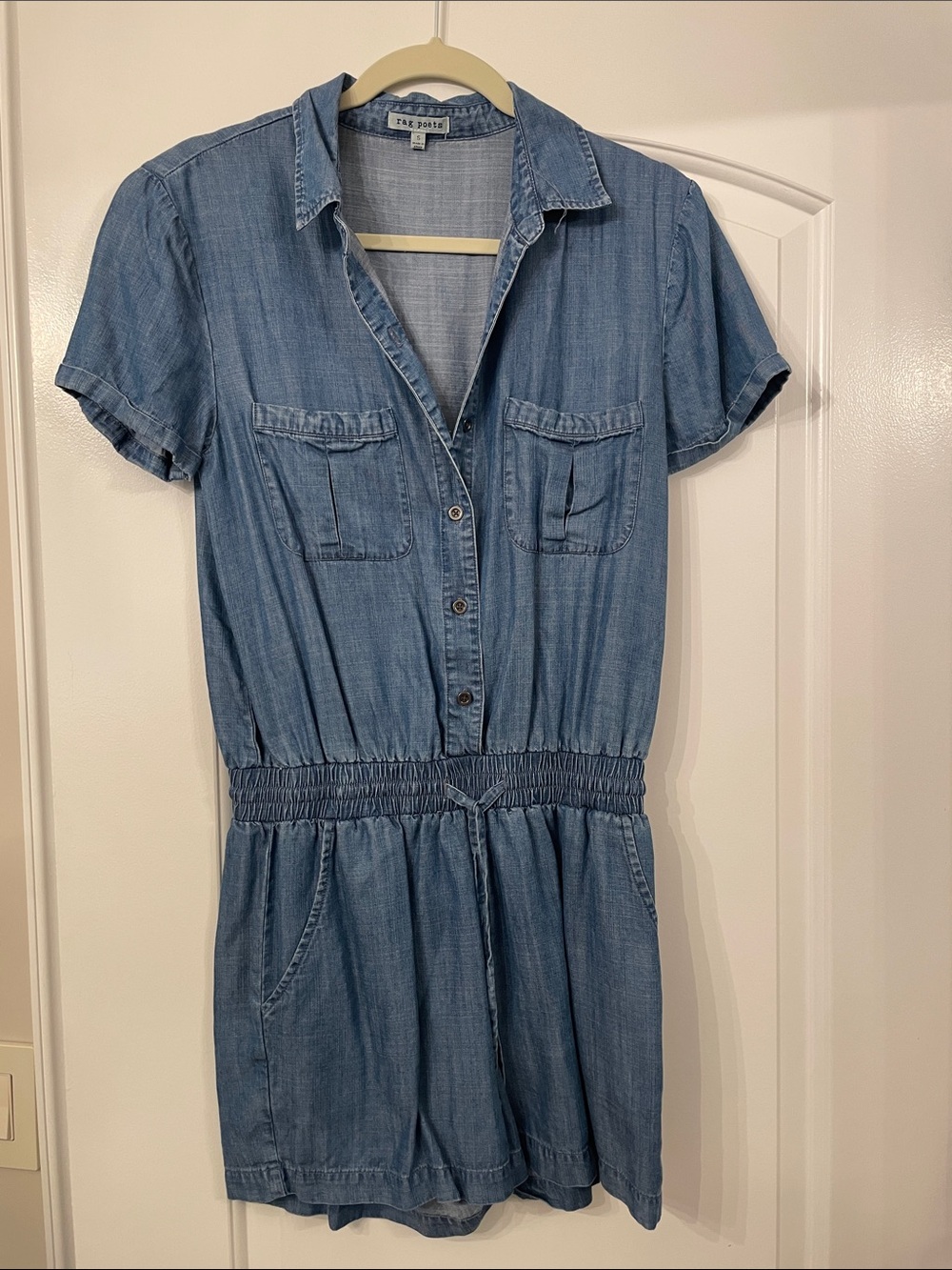 Denim Short-Sleeve Romper in Light Blue